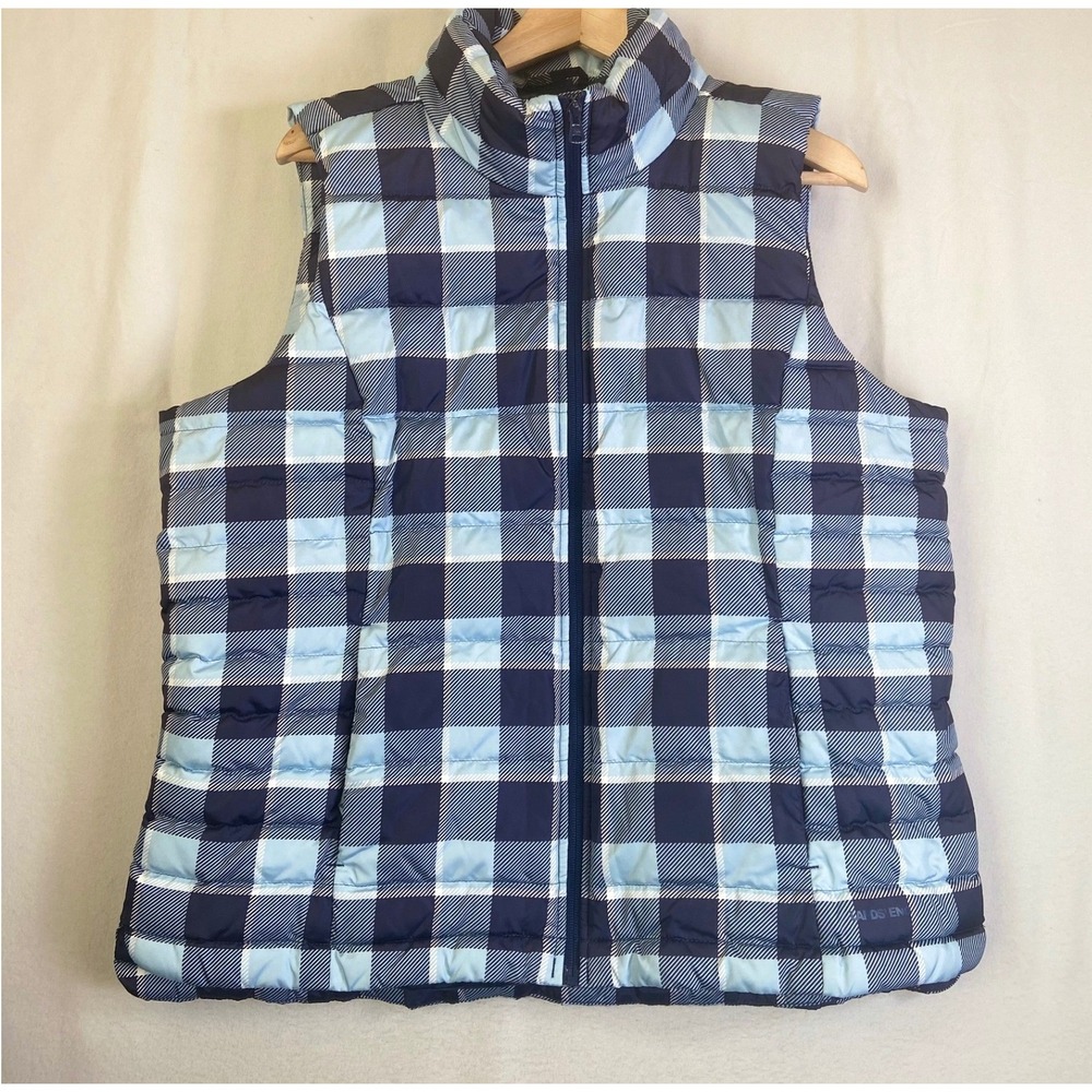 Lands' End Women XL Down Puffer Vest Blue Plaid Buffalo Check Classic Layering